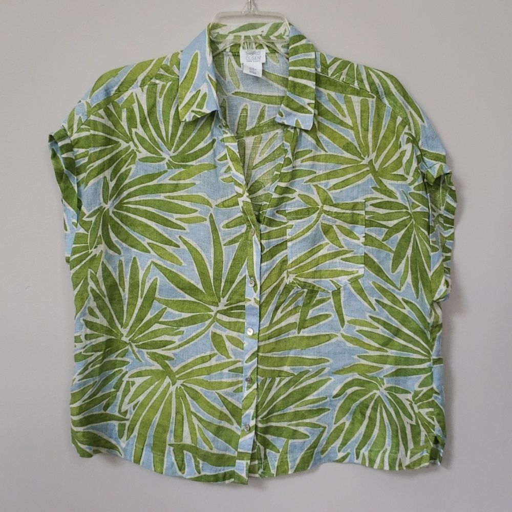Sigrid Olsen Shirt Womens M 100% Linen Blouse Tropical Floral Lagenlook Beach